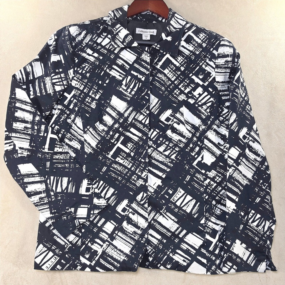 Coldwater Creek Womens Black White Abstract Brushstroke Print Jacket Size 14